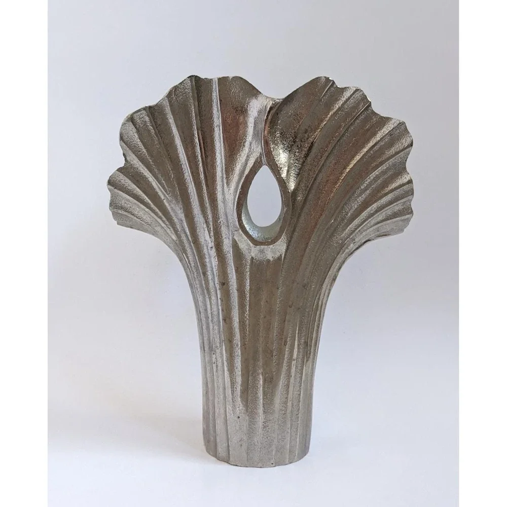 Postmodern Ginkgo Leaf Metal Vase Cast Aluminum? Sculptural Silver Decor 12.5